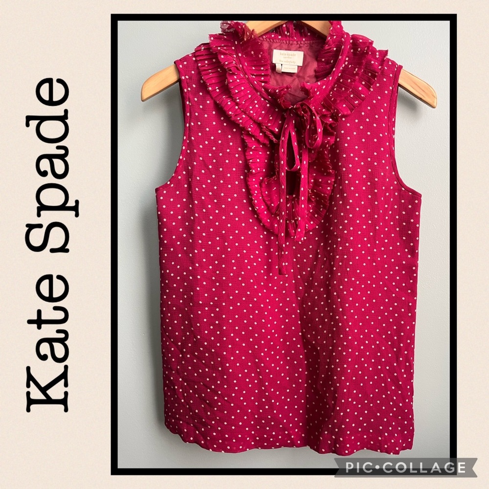 $35 WOW Kate Spade Fuchsia Pink Polka Dot Ruffle Tie Neck Sleeveless Top